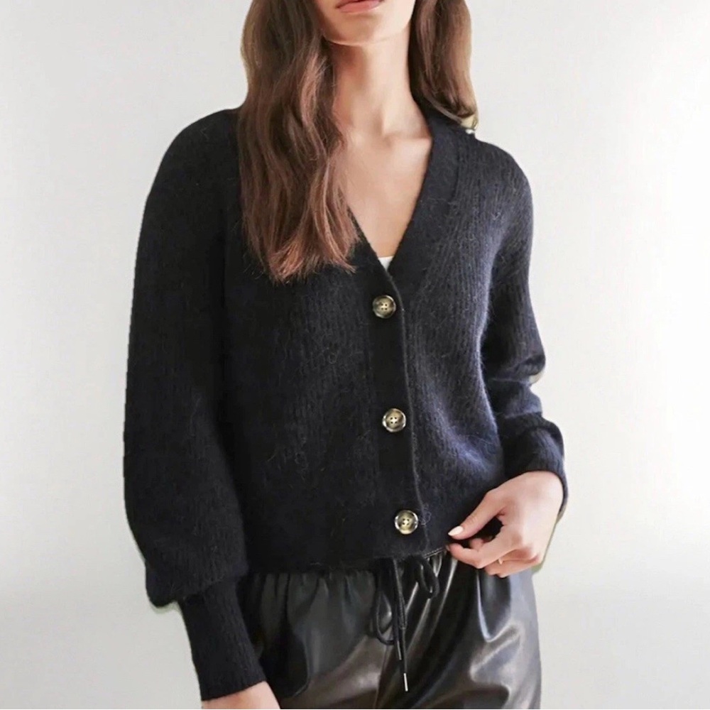Quince Women's Black Baby Alpaca-Merino Wool Cropped Cardigan XS NWT Button Down